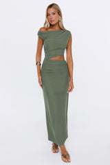 Style Archive Off Shoulder Mesh Maxi Dress Olive