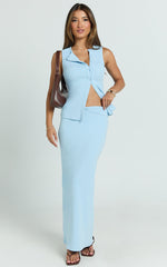 Brittany Two Piece Top and Skirt Set - Ribbed Midi Skirt Set in Pale Blue