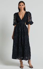 Anieshaya Midi Dress - V Neck Cut Out Lace Dress in Black
