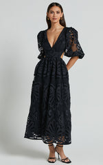 Anieshaya Midi Dress - V Neck Cut Out Lace Dress in Black