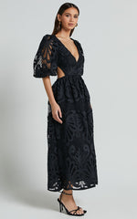 Anieshaya Midi Dress - V Neck Cut Out Lace Dress in Black