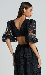 Anieshaya Midi Dress - V Neck Cut Out Lace Dress in Black