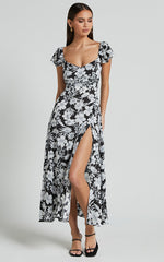 Donissa Midi Dress - Thigh Split Flutter Sleeve Dress in Black/White Print