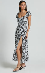 Donissa Midi Dress - Thigh Split Flutter Sleeve Dress in Black/White Print