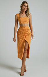 Gibson Two Piece Top and Skirt Set - Linen Crop Top and Knot Front Midi Skirt Set in Orange