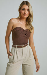 Jelena Top - Jersey Strapless Twist Front Top in Chocolate