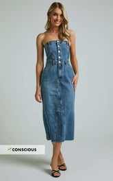 Keyla Midi Dress - Denim Strapless Button Front Shirred Back in Mid Blue Wash