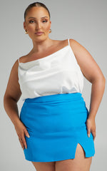 Evelenna Mini Skirt - High Waisted Split Skirt in Blue