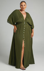 Sitting Pretty Maxi Dress - Short Sleeve Button Down Dress in Olive