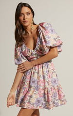 Amalie The Label - Tallulah Linen Blend V Neck Puff Sleeve Mini Dress in Aurora Print