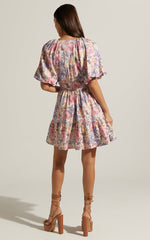 Amalie The Label - Tallulah Linen Blend V Neck Puff Sleeve Mini Dress in Aurora Print