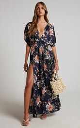 Vacay Ready Maxi Dress - Plunge Thigh Split Dress in Navy Multi Floral