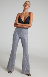 Deliza Pants - Mid Waisted Sequin Flare Pants in Silver