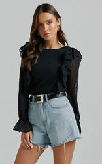 Emielene Top - Ruffle Scoop Neck Long Sleeve Top in Black