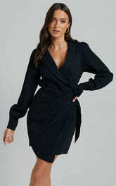 Immogen Mini Dress - Fixed Wrap Dress in Black