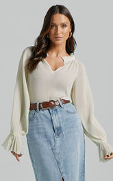Kerray Top - V Neck Long Sleeve Pleated Top in Cream