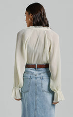 Kerray Top - V Neck Long Sleeve Pleated Top in Cream