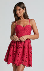 Auriana Mini Dress - Sweetheart Fit & Flare Lace Dress in Red