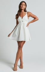 Jhency Mini Linen Blend Dress - Strappy Ruched Bust Dress in White
