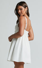 Jhency Mini Linen Blend Dress - Strappy Ruched Bust Dress in White