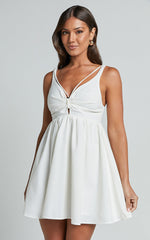 Jhency Mini Linen Blend Dress - Strappy Ruched Bust Dress in White