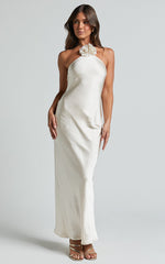 Keithy Maxi Dress - Rosette Halter Neck Slip Dress in Champagne