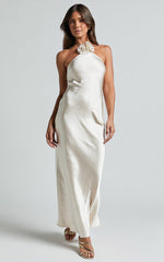 Keithy Maxi Dress - Rosette Halter Neck Slip Dress in Champagne