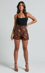 Kori Shorts - Faux Leather Tailored Shorts with Belt in Chocolate