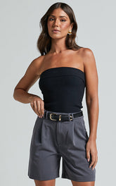 Lorcan Shorts - Long Line Tailored Shorts in Charcoal