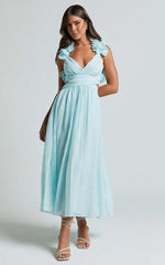Marielly Midi Dress - Side Cut Out V Neck Ruffle Detail Sleeve Dress in Pale Blue