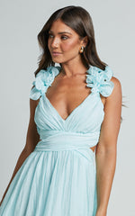 Marielly Midi Dress - Side Cut Out V Neck Ruffle Detail Sleeve Dress in Pale Blue