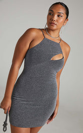 Emeraude Mini Dress - Split Bust Lurex Dress in Black and Silver