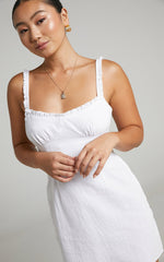 Jacqueline Mini Dress - Ruched Bust Frill Detail A Line Dress in White
