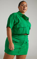 Navine Two Piece Set - Button Front Crop Top and Cargo Pocket Mini Skirt Set in Green