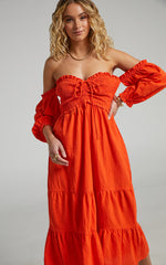 Nikka Midi Linen Blend Dress - Shirred Off Shoulder Puff Sleeve Dress in Oxy Fire