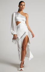 Arichie Midi Dress - Cut Out One Shoulder Balloon Sleeve Dress in White