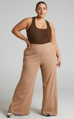 Amalthea Pants - High Waisted Jersey Rib Wide Leg Pants in Camel