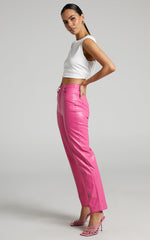 Dilyene Pants - Mid Waist Straight Leg Faux Leather Pants in Hot Pink