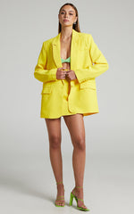 Michelle Blazer - Oversized Plunge Neck Button Up Blazer in Yellow