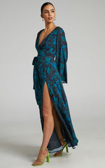 Mirski Midi Dress - Tie Waist Flared Sleeve Dress in Jewel Blur
