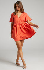 Staycation Mini Dress - Smock Button Up Dress in Coral