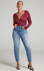 Tatem Bodysuit - Long Sleeve Button Front Bodysuit in Wine