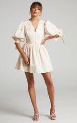 Zandra Mini Dress - Puff Sleeve Poplin Dress in Beige