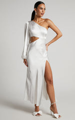 Arichie Midi Dress - Cut Out One Shoulder Balloon Sleeve Dress in White