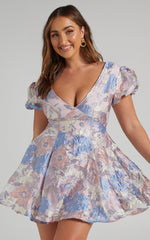 Brailey Jacquard Mini Dress - Puff Sleeve Dress in Blue