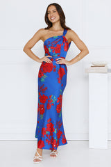 Lady Flower One Shoulder Satin Maxi Dress Blue