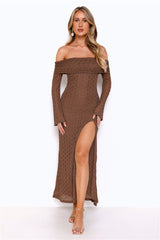 Rich Thoughts Off Shoulder Maxi Dress Chocolate