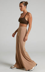 Amalthea Pants - High Waisted Jersey Rib Wide Leg Pants in Camel