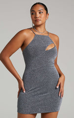 Emeraude Mini Dress - Split Bust Lurex Dress in Black and Silver
