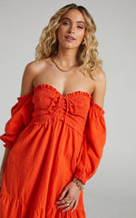 Nikka Midi Linen Blend Dress - Shirred Off Shoulder Puff Sleeve Dress in Oxy Fire